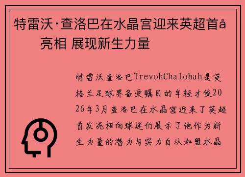 特雷沃·查洛巴在水晶宫迎来英超首发亮相 展现新生力量